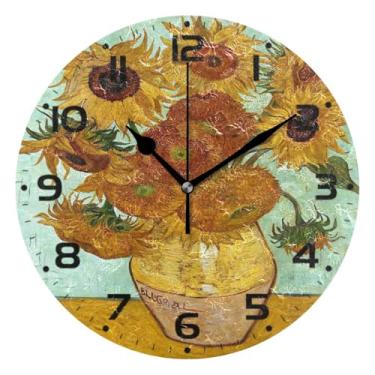 Imagem de JUZIHAI Relógio de parede de arte de girassol silencioso, sem tique-taque, relógios de parede redondos operados por bateria, fácil de ler, relógio decorativo de parede para casa, cozinha, sala de