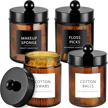 Imagem de Amolliar Suporte Qtip de vidro âmbar, frascos de boticário com tampa de plástico preto e adesivos - conjunto organizador de armazenamento de dispensador Qtip para banheiro, cantainer para cotonetes de