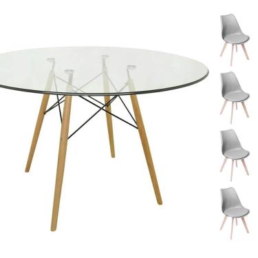 Imagem de Conjunto Mesa Eames Redonda 90cm + 4 Cadeiras Wood - Cinza