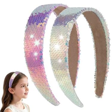 Imagem de ROISDIYI 2 faixas de cabeça para meninas, faixas de cabeça de lantejoulas brilhantes arco-íris para crianças, faixa de cabelo larga com glitter, acessórios para crianças, cesta de Páscoa (roxo e prata