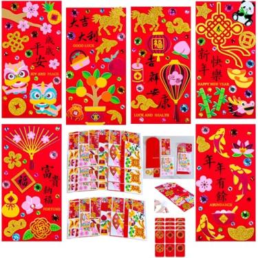 Imagem de Winlyn 24 Sets Chinese New Year Red Envelopes Craft Kits DIY Lucky Hong Bao Cash Envelopes Crafts Lunar New Year Foam Stickers for Kids Asian 2026 Year of The Horse Classroom Activities Party Favors