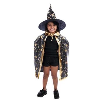 Imagem de Capa Halloween Infantil Bruxa Mago Feiticeira Luxo Com Chapeu