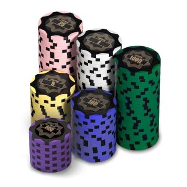 Imagem de HEITOK Conjunto de fichas de pôquer de argila com 100 fichas com número para Texas Holdem, peso profissional de 14 g e cassino, jogo de cassino para adultos
