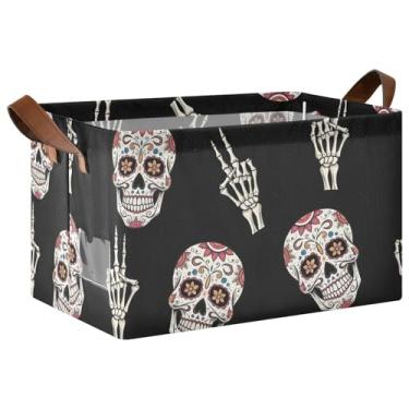 Imagem de Organizador dobrável para armazenamento de roupas, cestas decorativas para decoração de casa, armazenamento e organização de trailers, 40 x 29 x 25 cm, crânios de açúcar, preto, pacote com 2