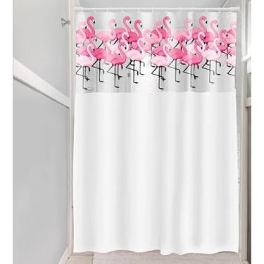 Imagem de Cortina de Box Banheiro Vinil com Ganchos – Cortina para Box Impermeável e Fácil de Limpar (VISOR FRAMINGOS)