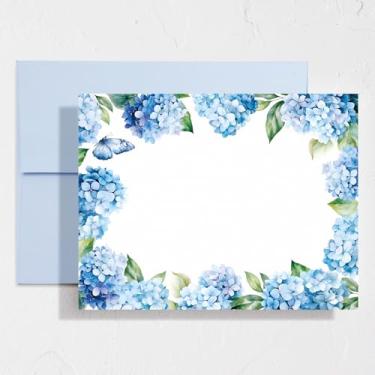 Imagem de Whaline Pacote com 24 cartões de papelaria de hortênsia com envelopes em branco, cartões de agradecimento, cartão de felicitações floral azul para primavera, aniversário, convites de casamento