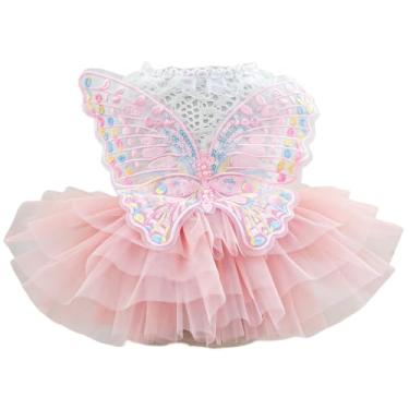 Imagem de Vestido de fada para cães e princesas, com saia de tule rosa e asas de borboleta, top de malha branca com coleira de renda, roupas para animais de estimação para cães pequenos, gatos, aniversário