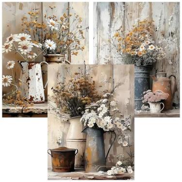 Imagem de Axquilon 3 pacotes de kit de pintura por números de flores rústicas para adultos - kits de pintura por números para adultos em tela, kits fáceis de pintar por números para adultos para decoração de