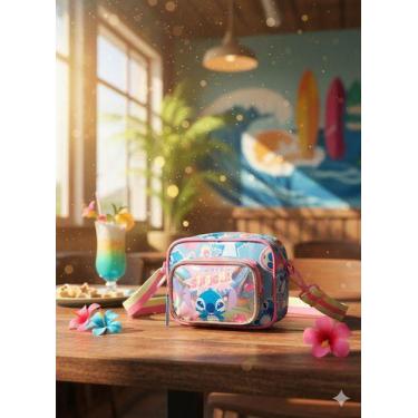 Imagem de Bolsinha Puket Infantil Holográfica Stitch Azul-celeste Multicor