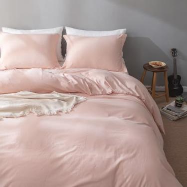 Imagem de AOJIM Capa de edredom rosa, tamanho Queen, boho, microfibra lavada, macia, conjunto de 3 peças, 1 capa de edredom com 2 fronhas, rosa claro e fecho de zíper, sem edredom