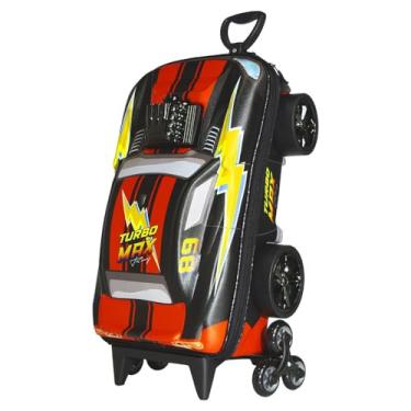 Imagem de Mala Infantil Turbo Max com Rodinhas 360°, Formato de Carro de Corrida, Preta com Vermelho e Amarelo, 20 Litros, 50x20x26cm, Acima de 3 Anos