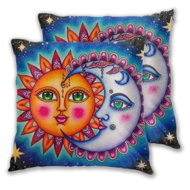 Imagem de Jbofyee Capa de almofada de arte hippie celestial sol e lua 45,7 x 45,7 cm fronhas decorativas macias para sala de estar quarto sofá sofá capa de almofada conjunto de 2
