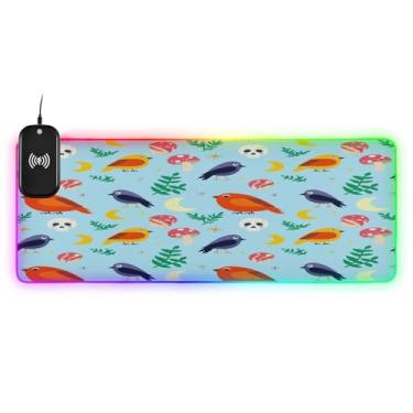 Imagem de CEBUGI Mouse pad de carregamento sem fio Birds 15 W rápido para jogos com iluminação LED 14 RGB para jogos, PC, laptop, mesa 80 x 30 cm