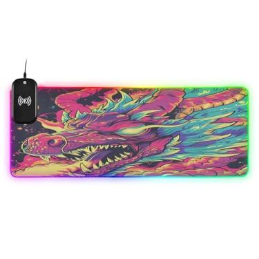 Imagem de CEBUGI Mouse pad de carregamento sem fio Comic Dragon 15W Fast Gaming Mouse Pad com 14 iluminação LED RGB para jogos, PC, laptop, mesa 90,9 x 39,9 cm