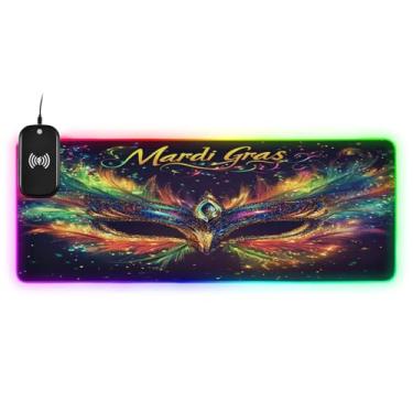 Imagem de CEBUGI Mouse pad de carregamento sem fio de fundo carnaval 15 W rápido para jogos com iluminação LED 14 RGB para jogos, PC, laptop, mesa 80 x 30 cm
