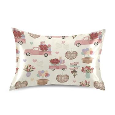 Imagem de Wassud Fronha vintage de cetim para o dia dos namorados com rosas de carro para cabelo e pele, capas de almofada de seda lisa, tamanho queen, respirável, com fecho de envelope