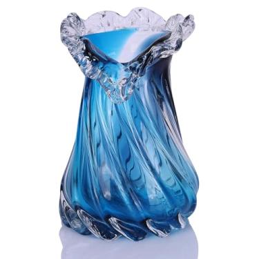 Imagem de Vaso de vidro azul soprado à mão, vaso decorativo de boca larga, vaso de vidro azul, adequado para centros de mesa de jantar, mesas de centro de sala de estar, suportes de TV, decoração de entrada e