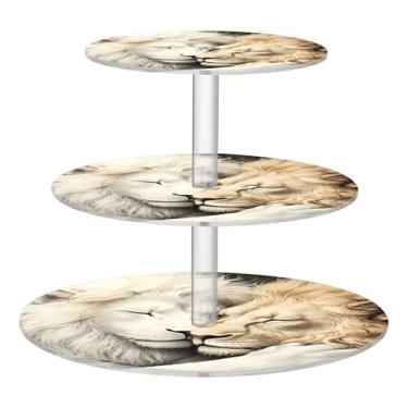 Imagem de Casal de leão branco romântico amor 3 camadas suporte para cupcake exibição de chá torre de cupcake decorações personalizadas decoração de festa de chá bandeja de servir suporte de comida aniversário