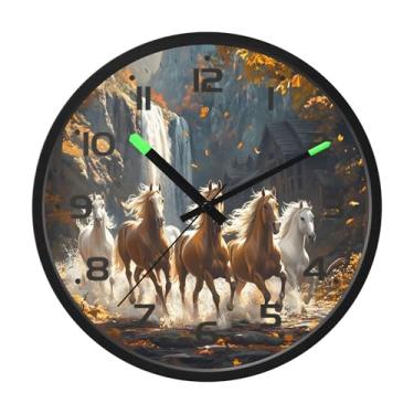 Imagem de SEHANY Relógio de parede artístico majestoso cavalos silencioso, sem tique-taque, relógio redondo operado por bateria, controle de som, luz noturna, relógios de parede para sala de estar, cozinha