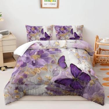 Imagem de AILONEN Jogo de cama de borboleta floral para crianças, adolescentes e adultos, 3 peças, roxo e branco, edredom de mármore em aquarela com 2 fronhas