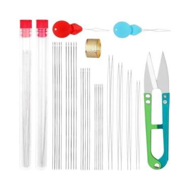 Imagem de Kit De Agulhas De Beading Em Aço Inoxidável Com Passador, Dedal E Teso