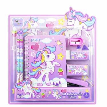 Imagem de Kit Escolar Unicórnio com 7 Peças, Caderno 20 Folhas 14,5x10cm, 2 Lápis HB, Borracha, Apontador, Grampeador, Caixa de Grampos, Rosa e Roxo, Ideal para Uso diário, Escolar