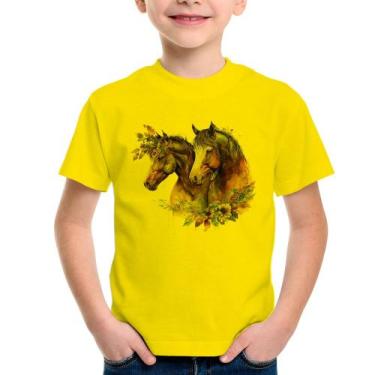 Imagem de Camiseta Infantil Casal de cavalos e flores - Foca na Moda, Amarelo, 4