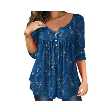 Imagem de Camiseta De Manga Longa Com Estampa De Plantas Para Mulheres plus Size