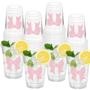 Imagem de HYMENEX 50 peças de copos de laço rosa, copos de plástico fofos com laço de 340 g para casamento, suprimentos de chá de panela, lembrancinhas de decorações de festa de aniversário