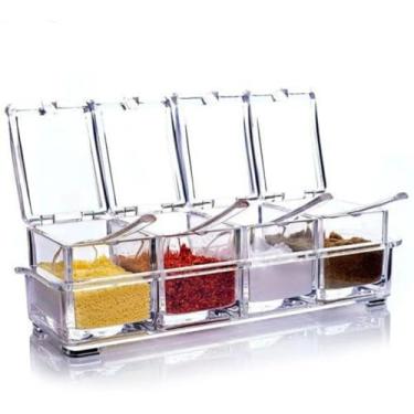 Imagem de Porta Temperos e Condimentos Acrílico 4 Potes Organizadores com Colheres | Kit Organizador de Cozinha Transparente 220ml | Conjunto para Temperos Moderno e Prático