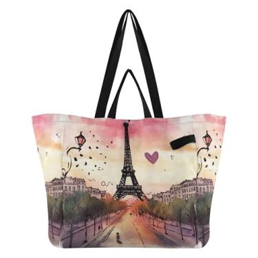 Imagem de SEHANY Sacola de compras reutilizável da Torre Eiffel de Paris com alças reforçadas, bolsa de compras de lona dobrável à prova d'água de grande capacidade para viagem, cozinha, praia