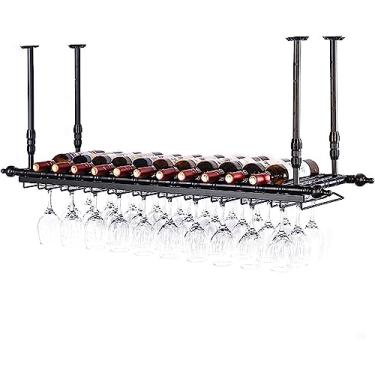 Imagem de Rack de vinho montado na parede – Suporte de garrafa de vinho flutuante para bar de altura ajustável montado no teto com suporte para copos para restaurante e café