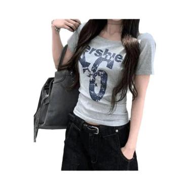 Imagem de Camiseta Cropped Feminina Y2K Com Ombros À Mostra, Estampa De Letras, 