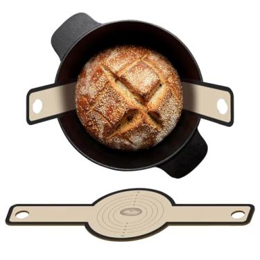 Imagem de Tapete de silicone para assar pão: Resistente ao calor até 250°C; possui uma alça longa para facilitar o uso com panelas de ferro fundido. Reutilizável e ideal para assar pão de fermento; também é um