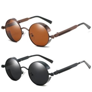 Imagem de KIT 2 Óculos de sol de Steampunk Masculino Design Retrô Redondo Vintage Preto UV400