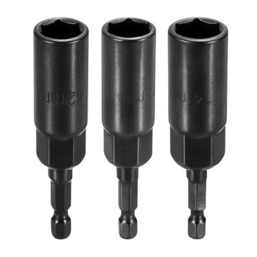 Imagem de HARFINGTON 3 peças de broca de chave de porca 12 + 13 + 14 mm soquete métrico 1/10.2 cm haste sextavada 3,15" (80 mm) soquetes extra longos de 6 pontos de troca rápida conjuntos de parafusos de aço