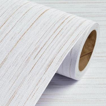 Imagem de Livelynine Papel de parede texturizado de 40 cm x 10 m para banheiro parede impermeável tecido textura tecido papel de parede branco e dourado moderno para armários prateleira sala de estar quarto RV