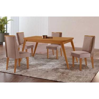 Imagem de Conjunto: Mesa Sala Jantar Havana Curvo 120cm + 4 Cadeiras Tilia Naturale - Linho Capuccino - Rufato