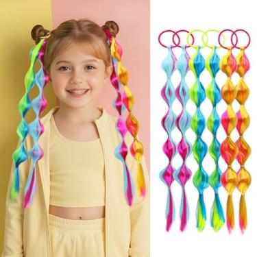 Imagem de XRACEPHOL Pacote com 6 extensões de cabelo trançadas coloridas para meninas loucas cabelo sintético dia acessórios de cabelo para crianças rabo de cavalo trançado para festa destaques cosplay vestido