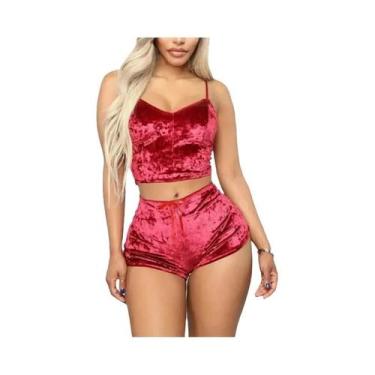 Imagem de Conjunto De Pijama De Veludo Feminino Sexy Com Alças E Decote Em V Sem