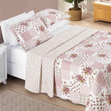 Imagem de Colcha Ayla Casal Padrão Tecido Dupla Face Microfibra 03 Peças - Rosa Floral Matura