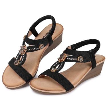 Imagem de TEMOFON Sandálias femininas com cunha baixa: sandália feminina elegante verão, Preto, 36