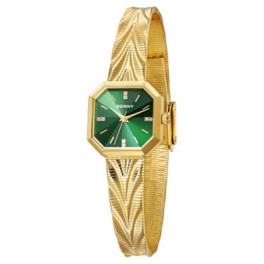 Imagem de BERNY Relógios vintage dourados para mulheres, relógio de pulso feminino octogonal delicado, relógios analógicos femininos de quartzo para pulsos pequenos, à prova d'água, todos de aço inoxidável