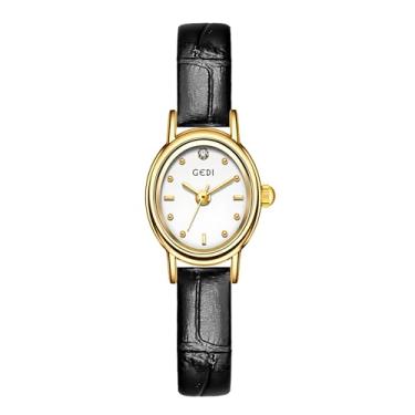 Imagem de Gosasa Relógio feminino retrô elegante com pulseira de couro, vestido moderno, diamante, pequeno, mostrador oval, relógio de pulso casual à prova d'água de quartzo, Preto, branco, Tendência