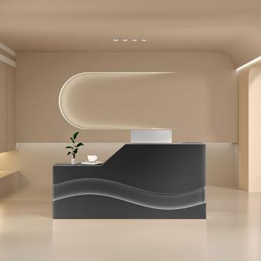 Imagem de Mesa de recepção preta com gaveta e bandeja de teclado, mesa de balcão frontal moderna para escritório, lobby e salão de beleza - 140 cm x 60 cm x 99 cm