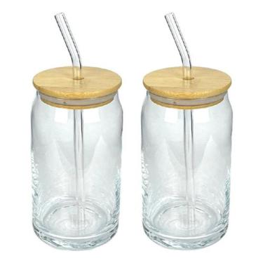Imagem de Kit 2 Copos Formato Lata 500ml  Vidro com Tampa de Bambu e Canudo Reut