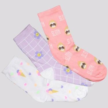Imagem de Kit Meia Selene 3 Pares Cano Longo Infantil Branca Rosa e Lilás, 29-34