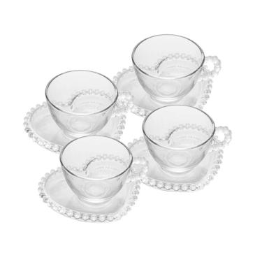 Imagem de Conjunto 04 Xícaras de Chá de Cristal 180ml com Pires Coração Pearl Wolff