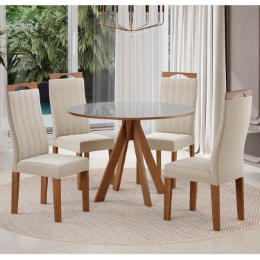 Imagem de Conjunto Sala de Jantar Mesa 90cm com Tampo de Vidro Dallas com 4 Cadeiras Grécia Madetal - Mel/Nude/Bege