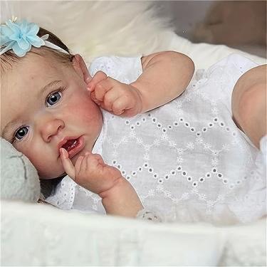 Imagem de SHENGX 22 Polegada/55Cm Bebe Reborn Realista Silicone Solido,Corpo Macio E Fofo Boneca Renascida Realista,Banda De Cabeça Branca E Apertada Você Pode Tomar Banho, Olhos Azuis,Meia calça branca,Menina